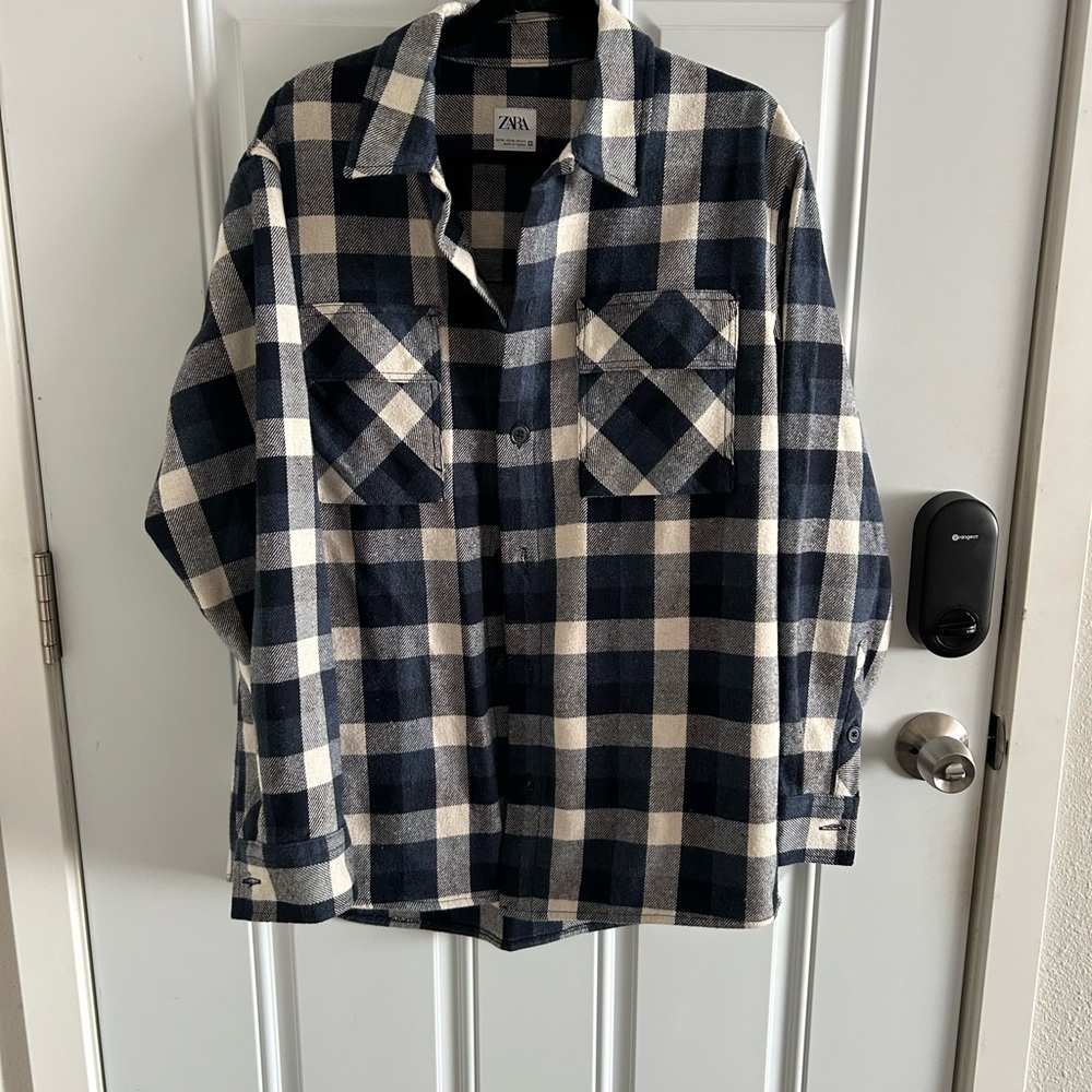 Zara Navy and Cream Plaid Shirt Jacket